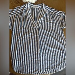 Workshop Republic Clothing Navy and White Striped V-Neck Blouse